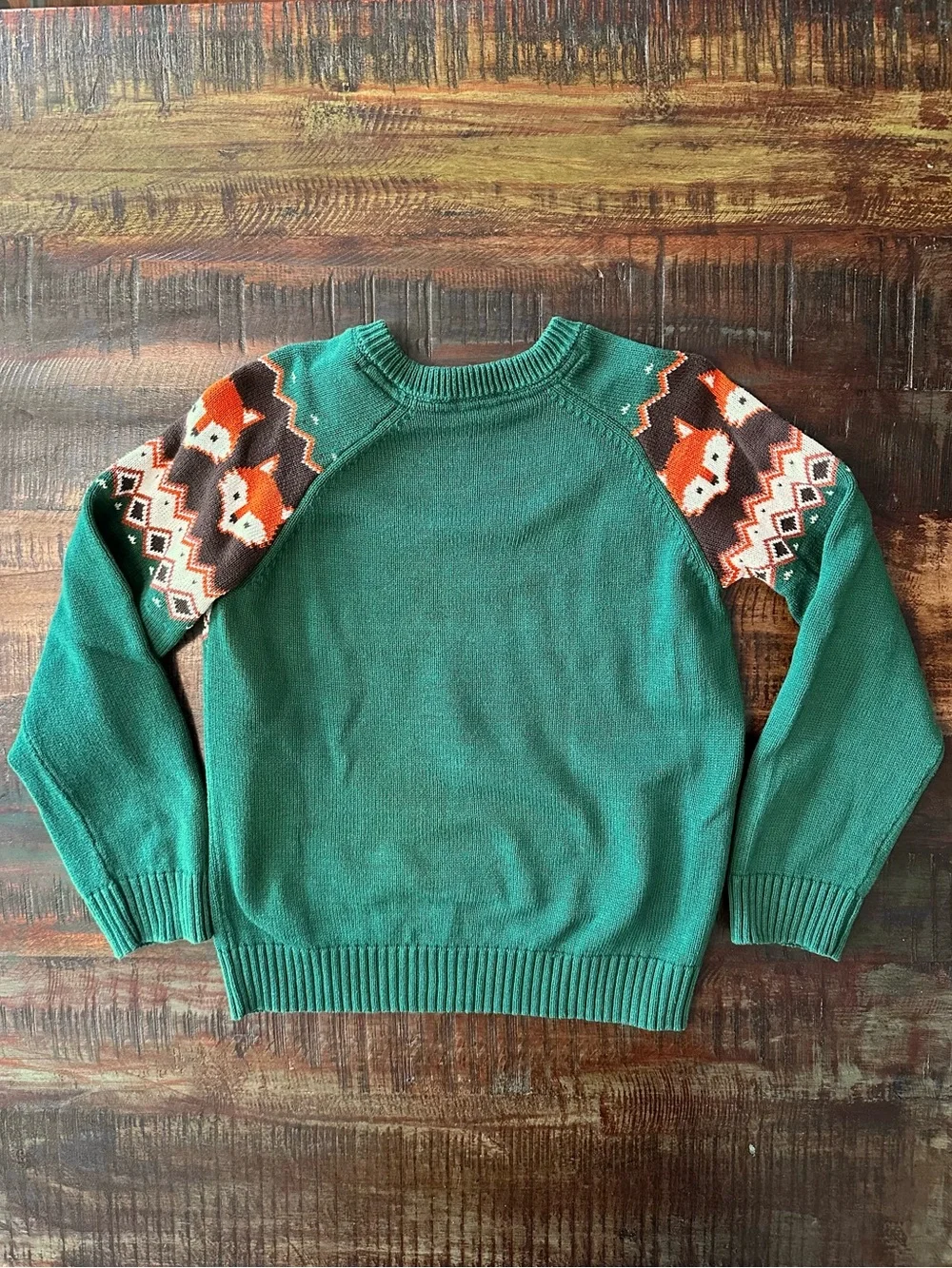 Gymboree Green Crewneck Sweater with Orange Fox Fair Isle